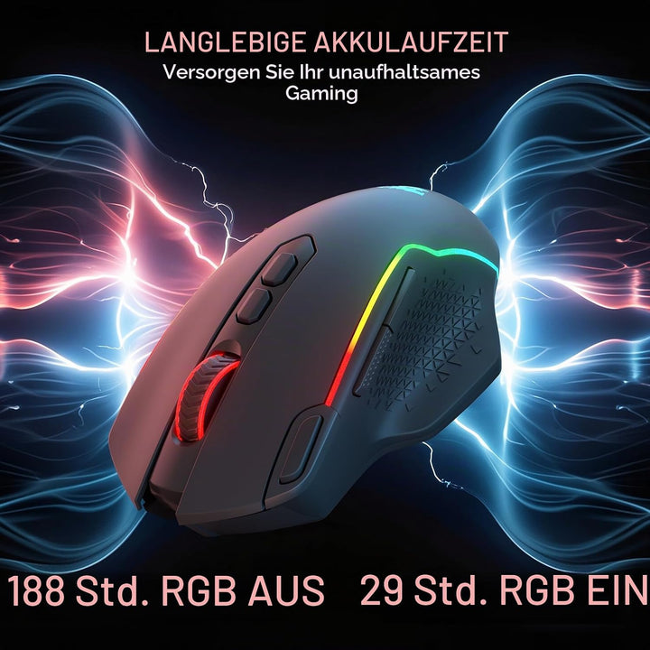 Redragon M810 MAX 3-Modus-Funk-Gaming-Maus, 12000 DPI kabelgebundene/kabellose RGB-Maus mit Schnellf
