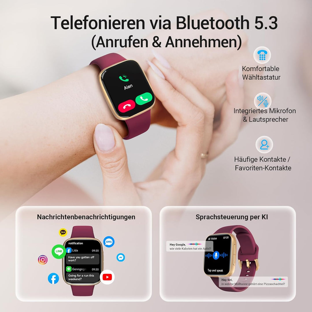Smartwatch Damen Herren mit Telefonfunktion, 1,85" Smart Watch Fitnessuhr, 110+ Sportmodi, Herzfrequ