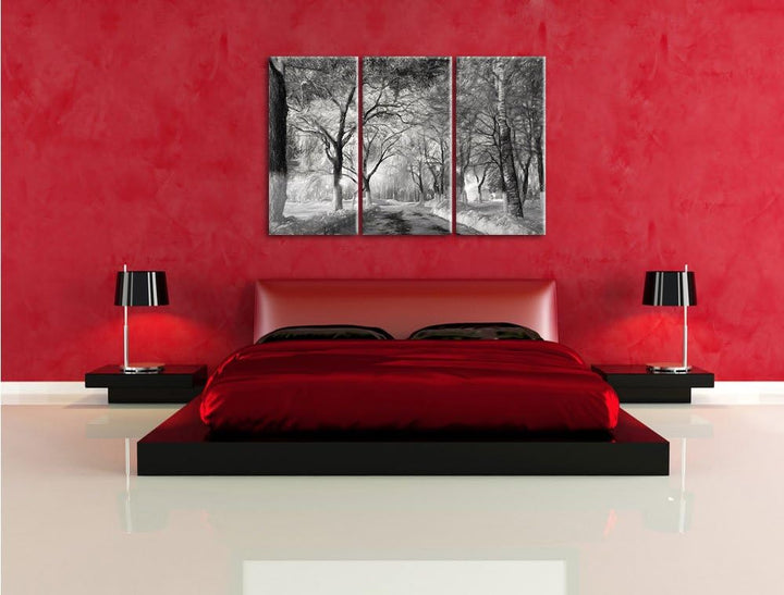 Pixxprint Baumallee im Winter Kohle Zeichnung Effekt 3-Teiler Leinwandbild 120x80 Bild auf Leinwand
