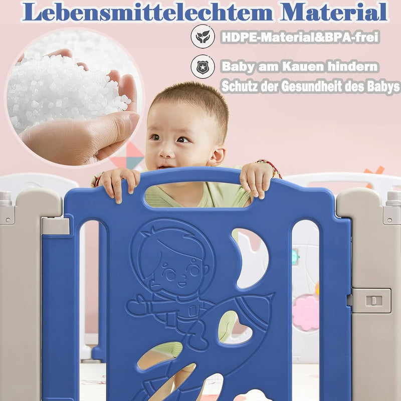 Aufun Laufstall Baby Faltbar, Laufgitter mit Tür und Spielzeugboard, 12 Panel Blu+Weiss Baby Absperr