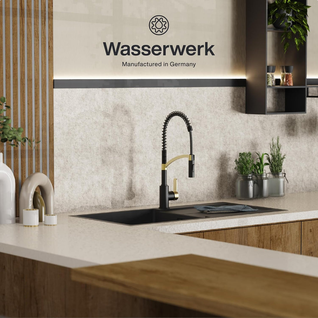 WK3 Küchenarmatur - Design-Wasserhahn Küche - Gold/Schwarz Matt - Herunterziehbare Brause - Armatur
