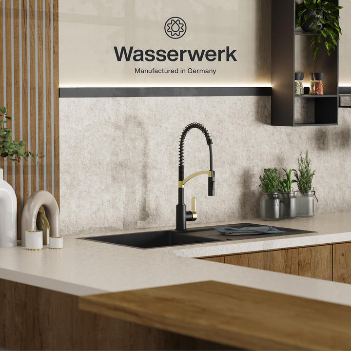 WK3 Küchenarmatur - Design-Wasserhahn Küche - Gold/Schwarz Matt - Herunterziehbare Brause - Armatur