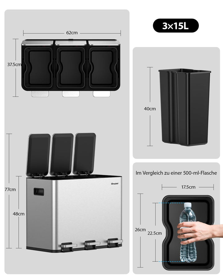 lovewind Mülleimer, 3 x 15 l Recyclingeimer, 3-Fach-Mülleimer für Recycling und Abfall, inklusive ma