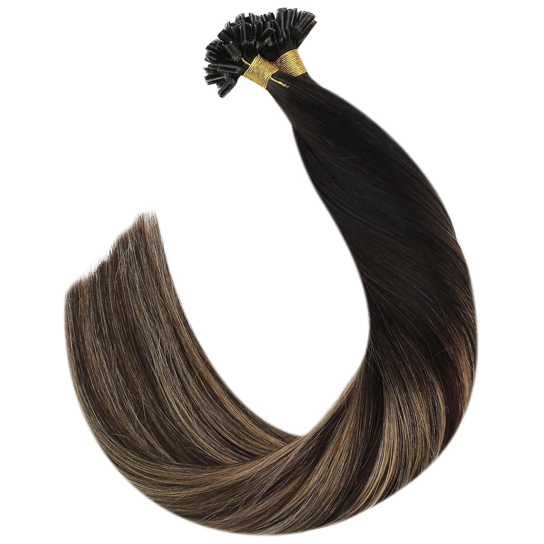Ugeat Bonding Extensions Echthaar Utip 40cm 1B/4/27 Schwarz zu Dunkelbraun und Karamellblond Keratin