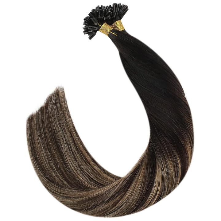 Ugeat Bonding Extensions Echthaar Utip 40cm 1B/4/27 Schwarz zu Dunkelbraun und Karamellblond Keratin