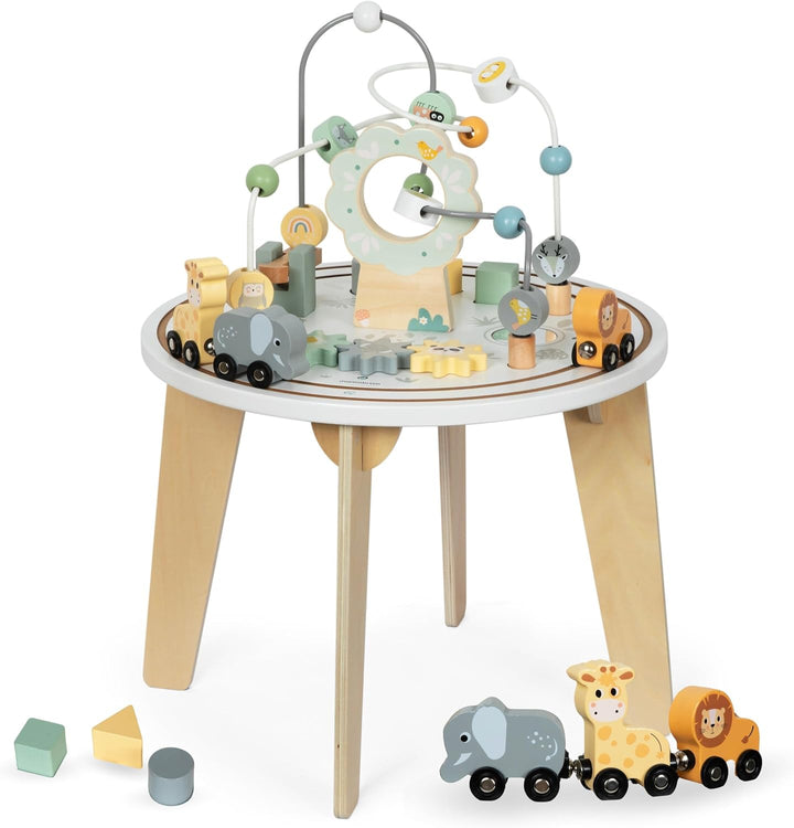 mamabrum Holz Aktivitätstisch Set mit Magnetischer Eisenbahn, Motorikschleife, Perlenwerfer, Formso
