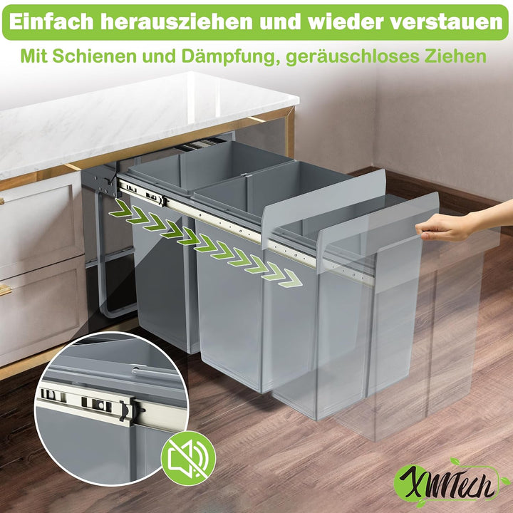 XMTECH Einbaumülleimer Küche Auszug, Einbaumülleimer Unterschrank Müll-Trennsystem, 2 Fächer Auszieh