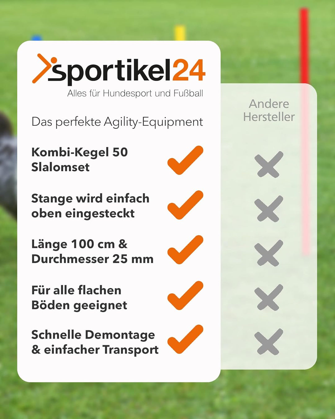 Kombi-Kegel 50 mit Stange 100 cm – 4er Set – Pylone mit Slalomstange – für Slalom-Parcours – Agility