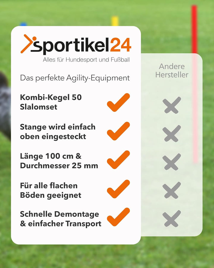 Kombi-Kegel 50 mit Stange 100 cm – 4er Set – Pylone mit Slalomstange – für Slalom-Parcours – Agility