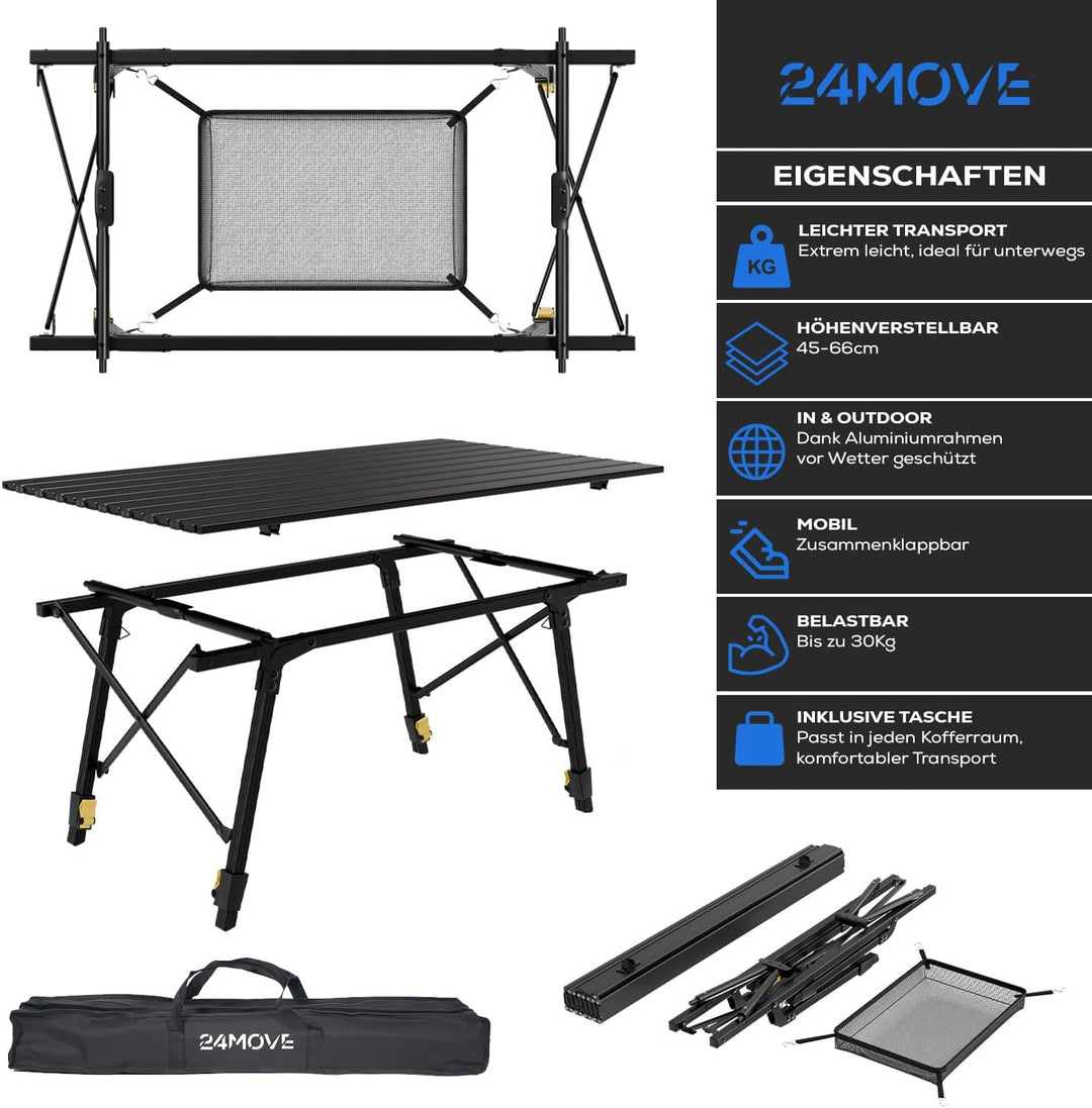 24MOVE® Campingtisch Klapptisch mit Aluminiumrahmen, Tischplatte aufrollbar, Falttisch klappbar, höh