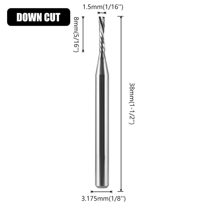 3,175 mm Down Cut Einzelflügel (O-Flute) Schaftfräser, mit 1,5 mm Schneiddurchmesser, 8 mm Schnittlä