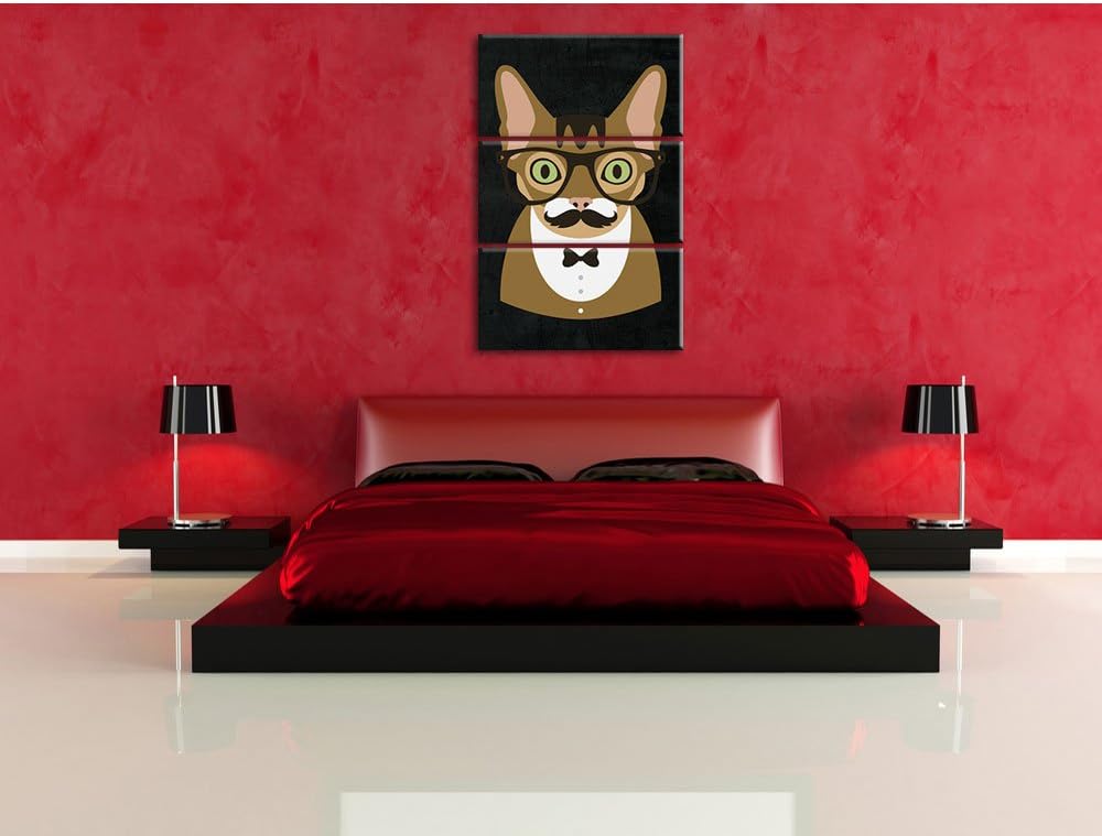 Pixxprint Hipster Katze mit Brille, Schnurbart und Fliege (Main Coon) schwarz 3-Teiler Leinwandbild
