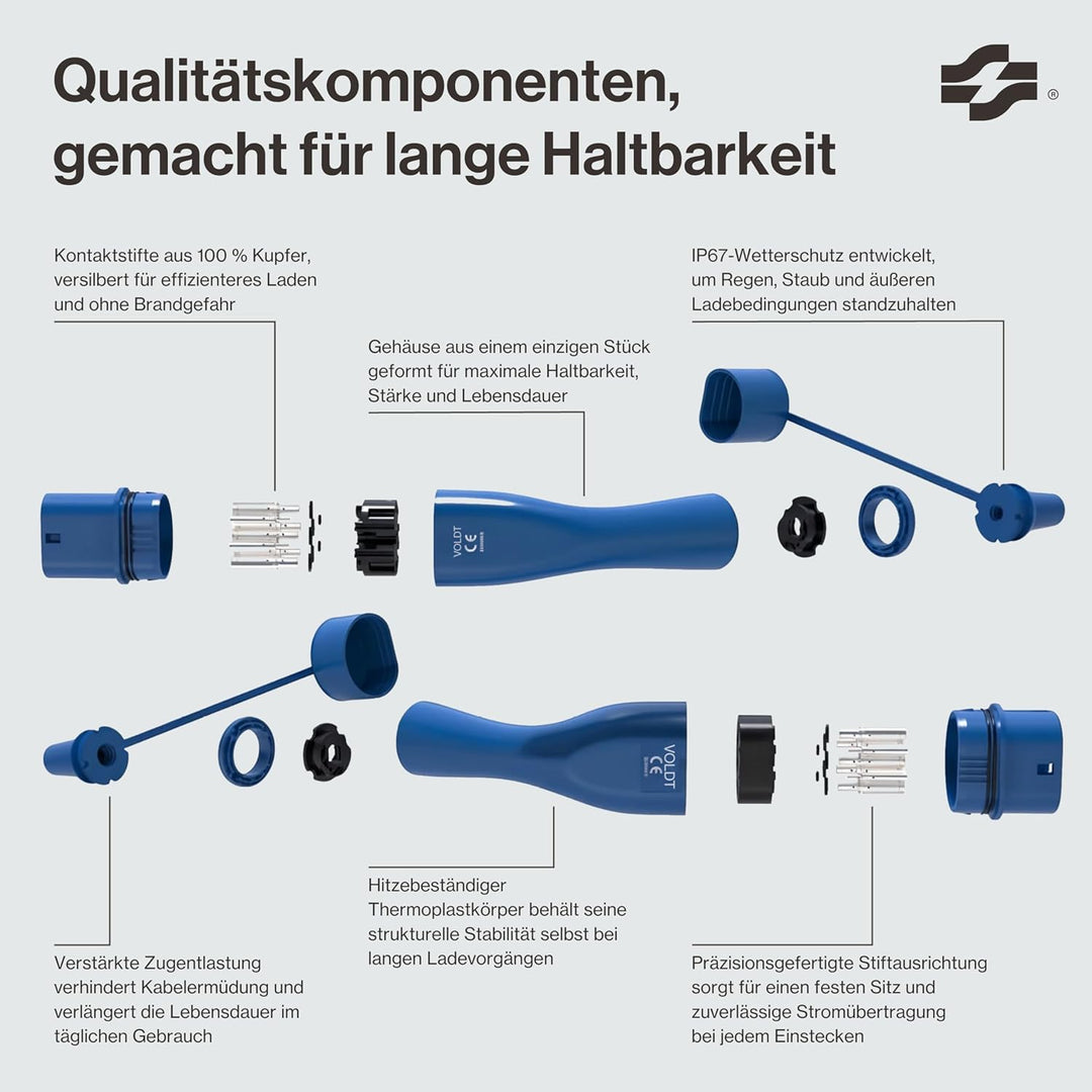 VOLDT Typ 2 Ladekabel 22 kW 32A, 3-phasig für EV Elektroautos PHEV, Typ 2 zu typ 2 Modus 3 Ladekabel