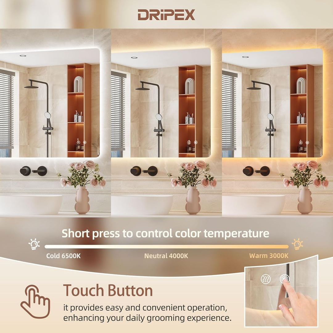 Dripex Badezimmerspiegel Led Badspiegel, Rechteckig, Touch-Schalter, Dimmbar, 3 Lichtfarbe Einstellb