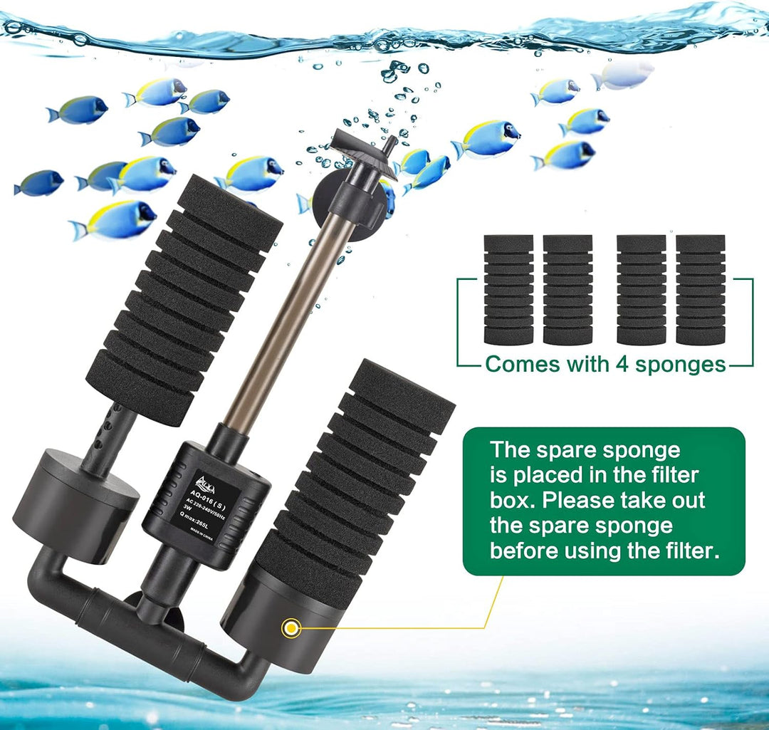 AQQA Aquarium Schwammfilter,3/5W Elektrischer Aquarium Filter,Leiser Tauchschaum Doppelschwammfilter