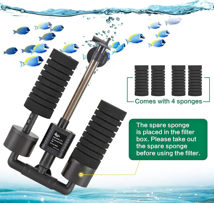 AQQA Aquarium Schwammfilter,3/5W Elektrischer Aquarium Filter,Leiser Tauchschaum Doppelschwammfilter