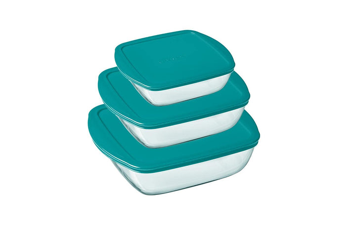 Pyrex® - Cook & Store - 3er Set eckige Vorratsschalen aus Glas mit Deckel (0,35l; 1l; 2,2l) - BPA-fr