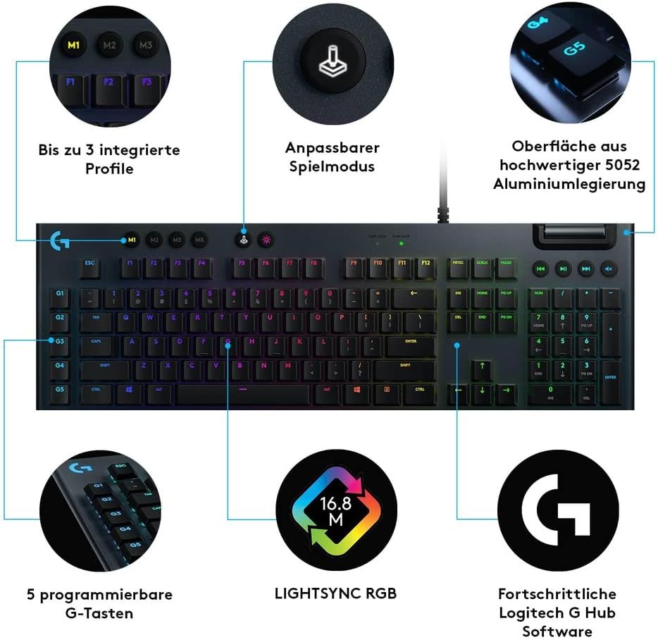 Logitech G815 mechanische Gaming-Tastatur, Taktiler GL-Tasten-Switch mit flachem Profil, LIGHTSYNC R