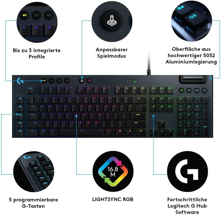 Logitech G815 mechanische Gaming-Tastatur, Taktiler GL-Tasten-Switch mit flachem Profil, LIGHTSYNC R