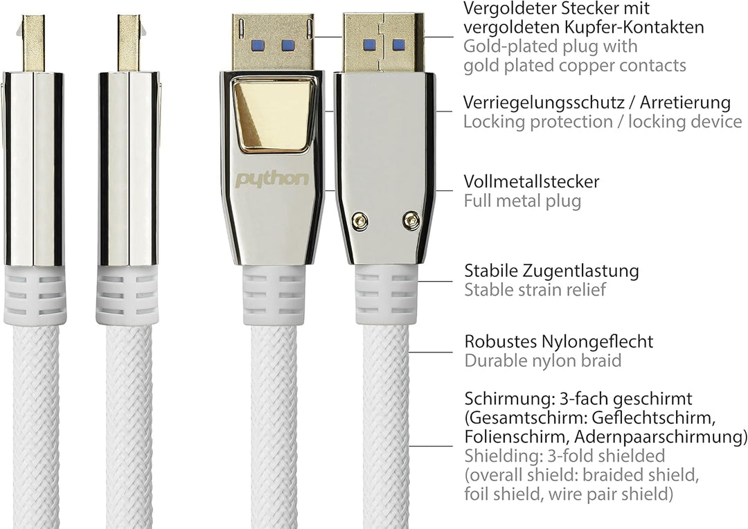 Python PREMIUM DisplayPort 2.0 Kabel - 2 m - 54 Gbit/s, UHBR 13.5-4K @240Hz / 8K @60Hz - KUPFERLEITE