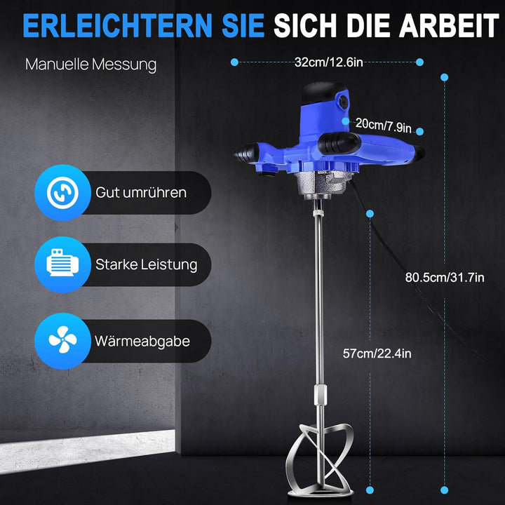 2600W Farb-Mörtelrührer Rührwerk (6-Gang-Getriebe, 0-1700 U/min, M14-Gewinde, Rührer für Mörtel Ø 12