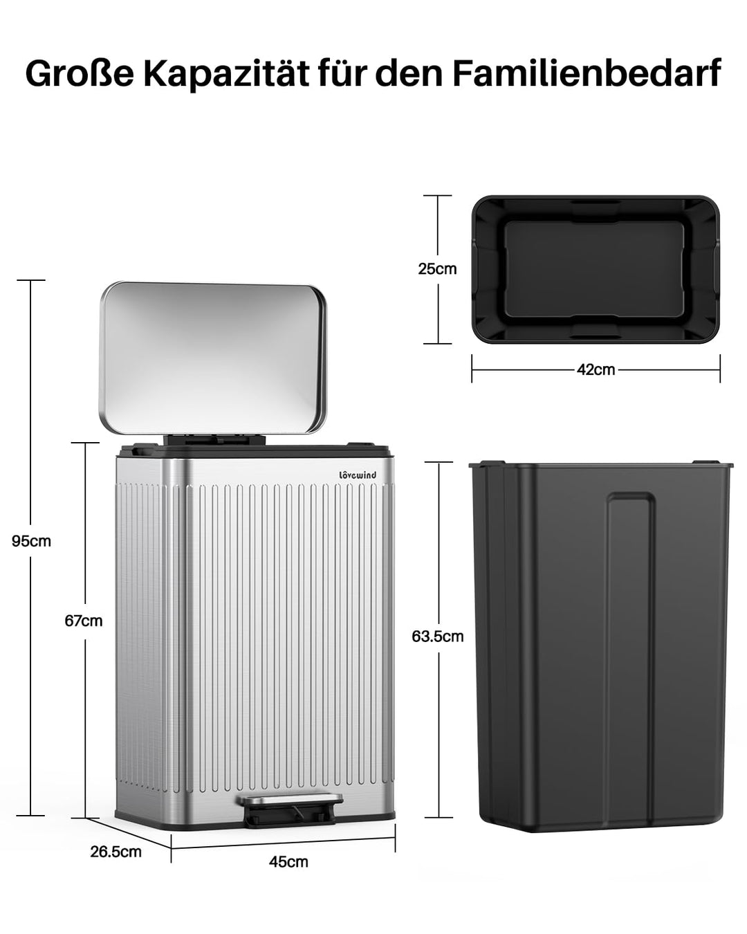 lovewind 60L Mülleimer Küche Edelstahl Silber, Pedal-Behälter mit Soft-Close Deckel, 2 herausnehmbar