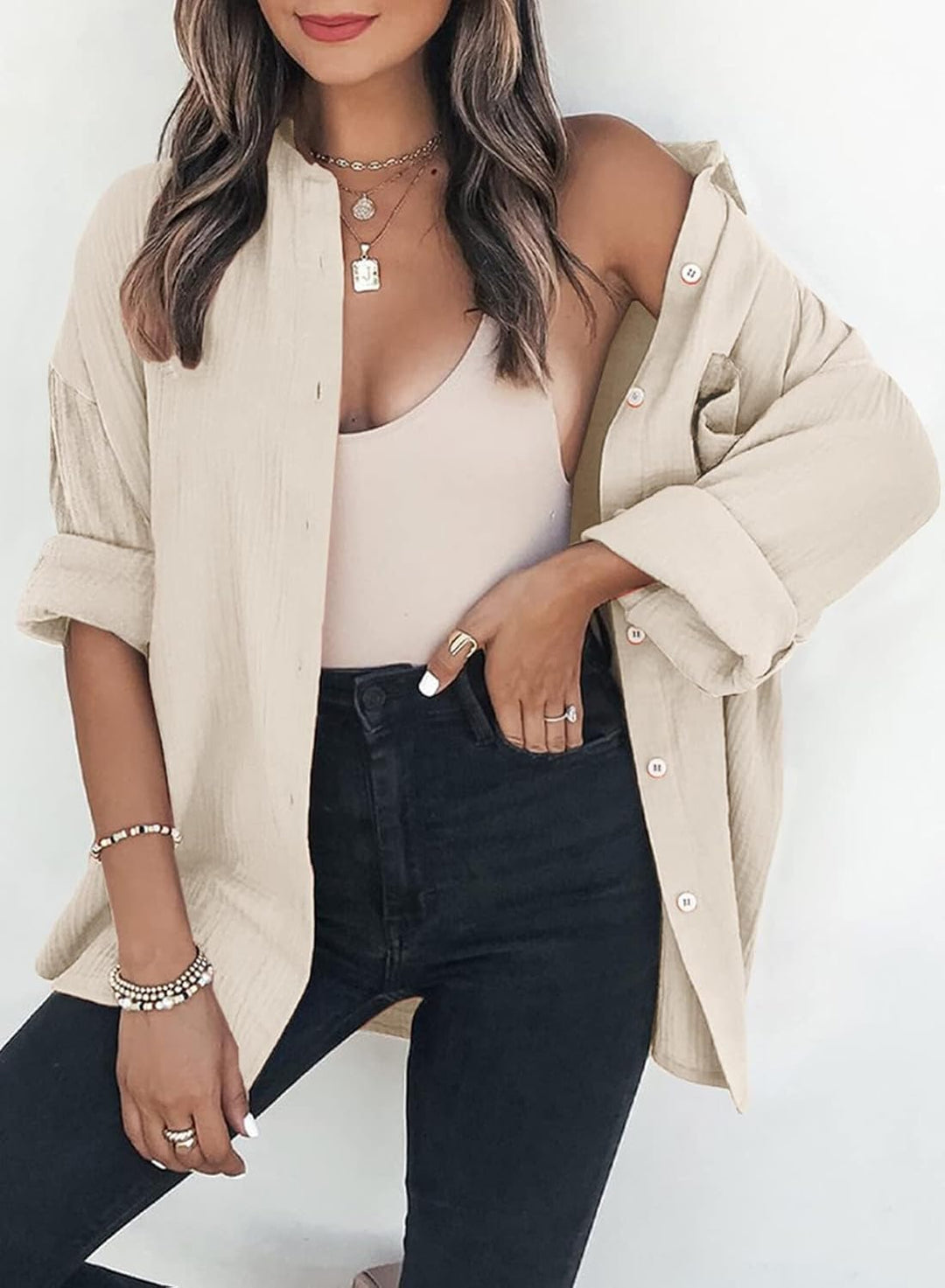 Dokotoo Bluse Damen Musselin Langarmshirt Baumwolle Lässig Oberteile Hemd Langarm Einfarbig Tops Far
