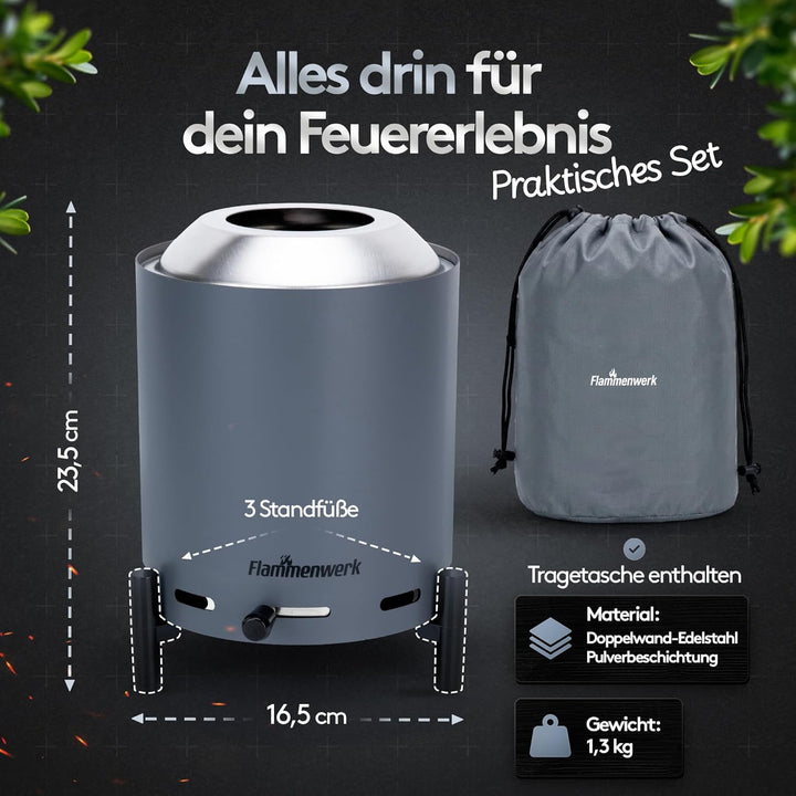 Raucharmes Tischfeuer für Pellets & Holz – Kompaktes Outdoor-Flammenfeuer mit 360° Luftregulierung,