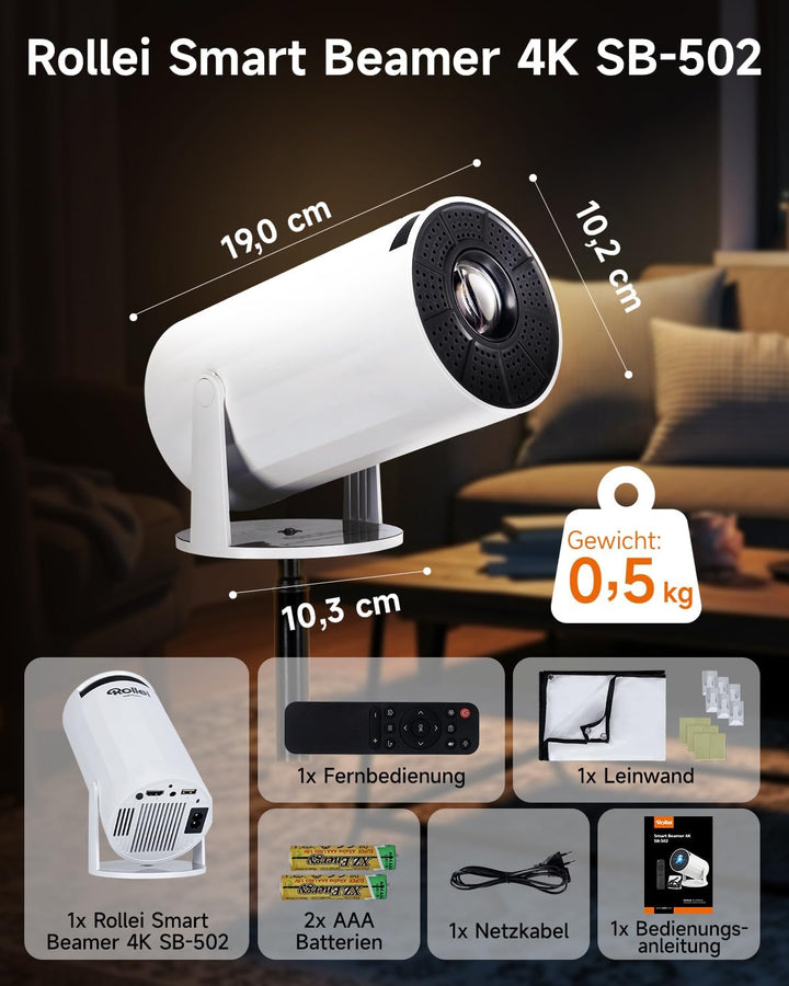 Rollei Smart Beamer 4K SB-502 Mini Projector Klein mit Auto Keystone ±35°