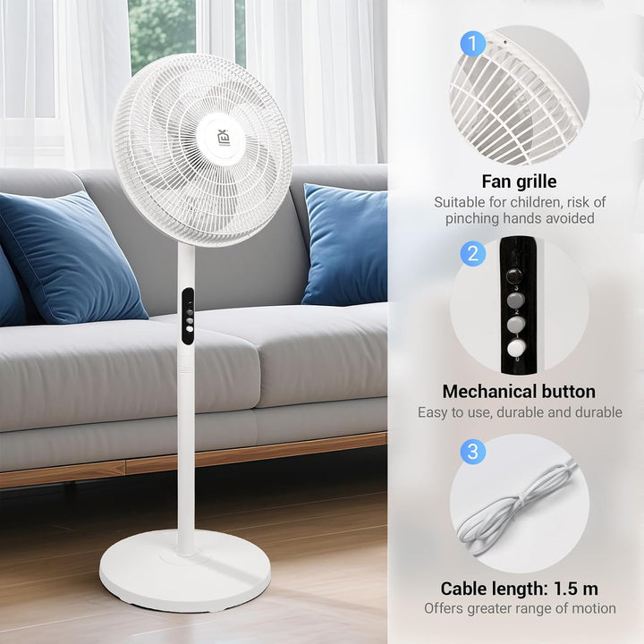 EXTRASTAR 16 Zoll Standventilator 50W, 3 Windstufen, 70° Oszillation & 10° Neigung, 5 PP Lüfterblätt