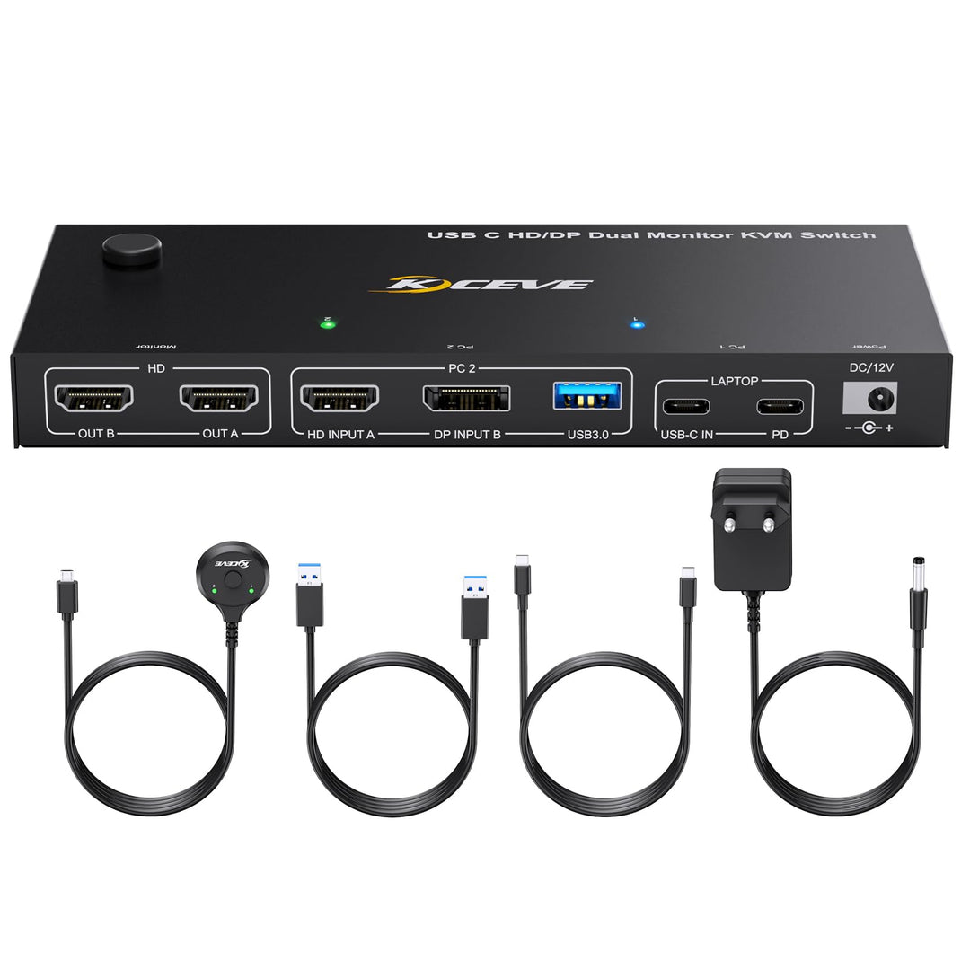 KVM Switch Laptop PC 2 Monitore, KVM Switch 2 PC 2 Monitore USB C DP HDMI Teilen 4 USB 3.0 Ports, 4K