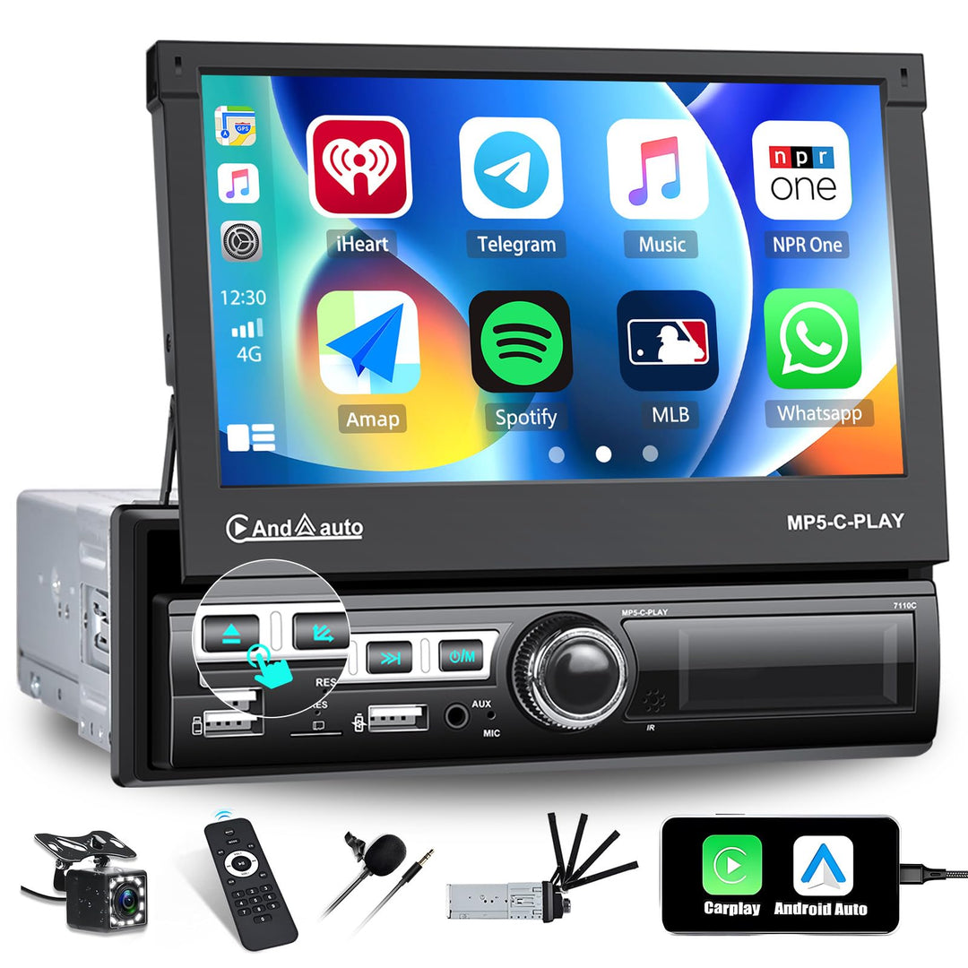 CAMECHO 1 Din Carplay/Android Auto/Mirror Link Autoradio mit 7 Zoll Automatisch Ausfahrbares Touchsc