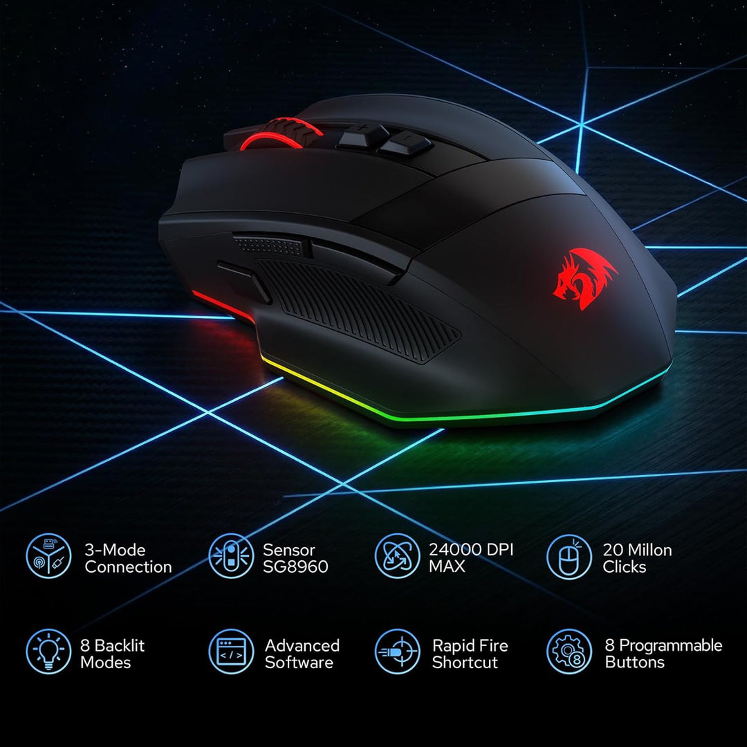 Redragon M923 PRO 3-Mode RGB Gaming Maus, Optische Ergonomische Gamer Maus mit Max 24.000 DPI, Pro P