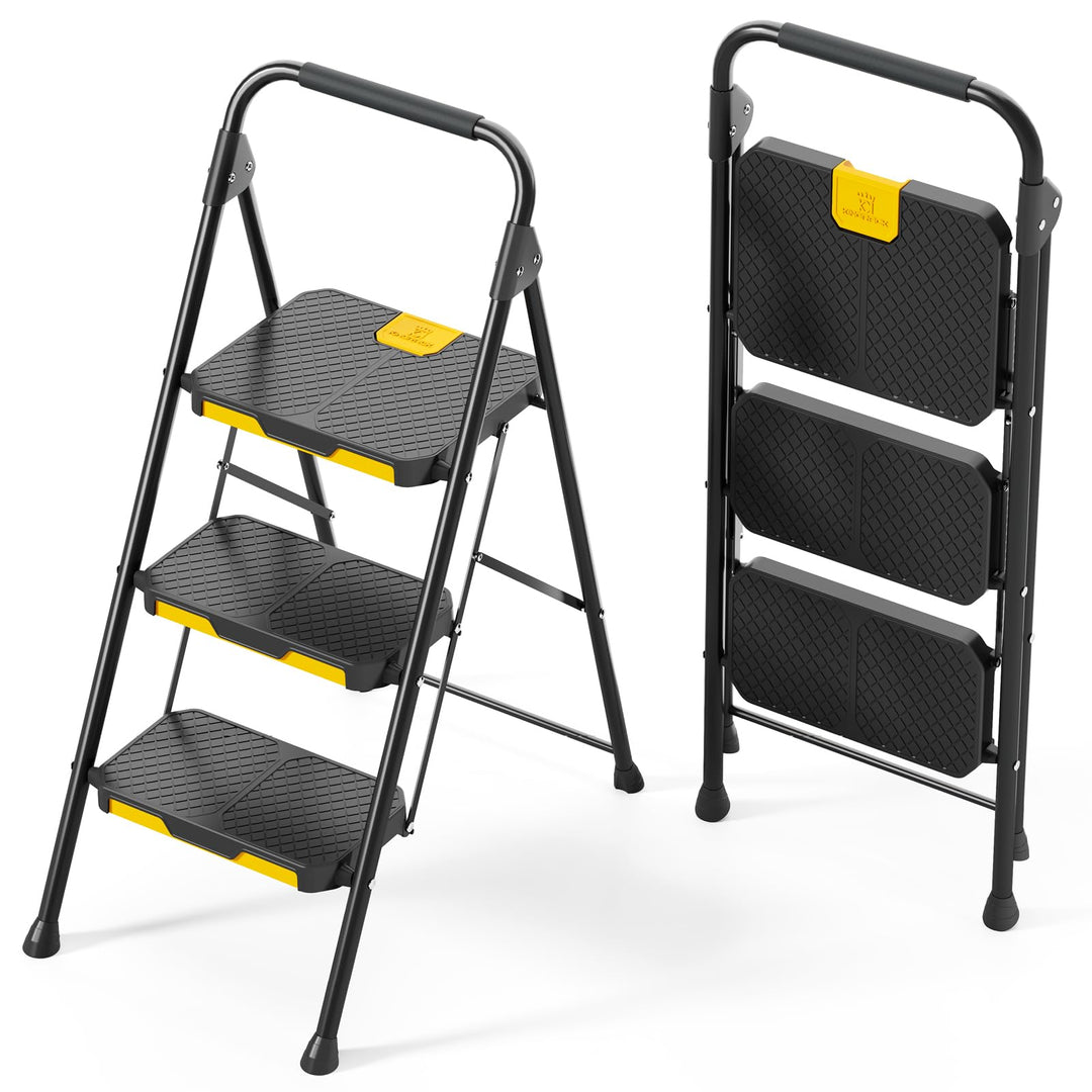 KINGRACK 3 Stufenleiter, 3 Stufen klappbar mit rutschfestem, breitem Pedal und Handläufen, leichte H