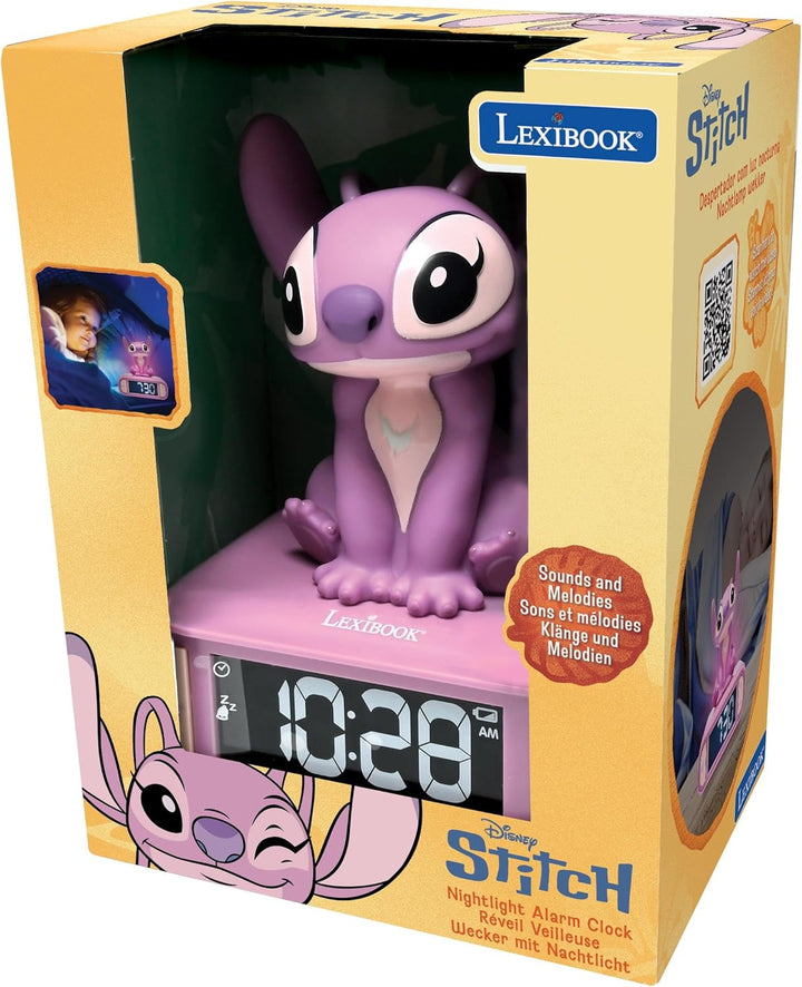 Lexibook, Disney Stitch, Angel Nachtlicht-Wecker, Töne und Melodien, hintergrundbeleuchteter LCD-Bil