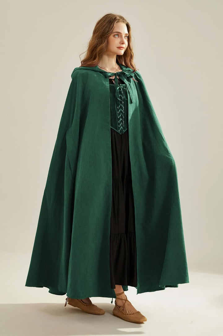 SCARLET DARKNESS Damen Mittelalter Umhang mit Kapuze Unisex Maxi Umhang Hexe Cosplay Cape Dunkelgrün