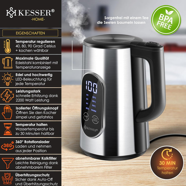 KESSER® Wasserkocher Edelstahl 1.5 Liter | LED-Anzeige | 4-Modi Temperatureinstellung 40°C-100°C | 3