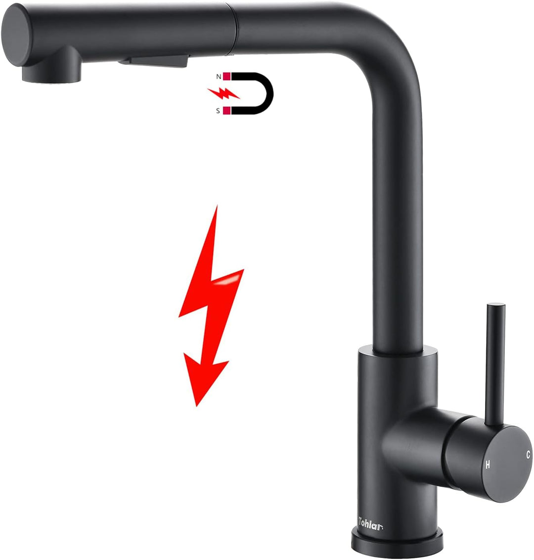 Tohlar Niederdruck Armatur Küche Ausziehbar Schwarz mit Magnet Andocken Brause, Edelstahl Wasserhahn
