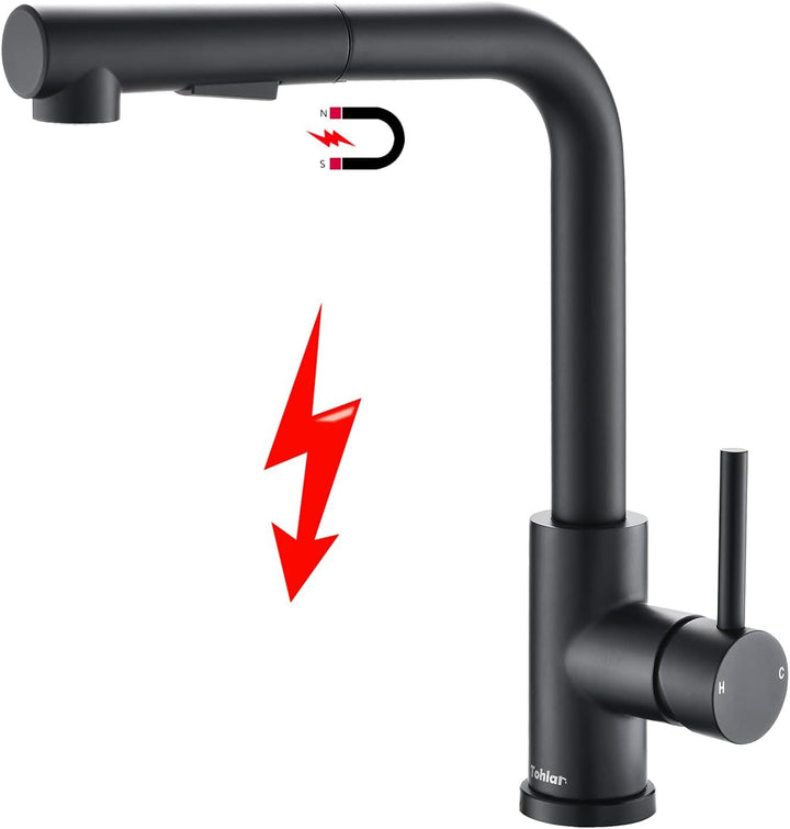 Tohlar Niederdruck Armatur Küche Ausziehbar Schwarz mit Magnet Andocken Brause, Edelstahl Wasserhahn