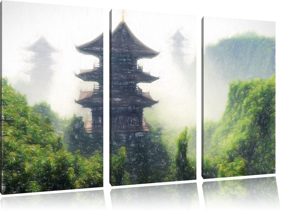 Pixxprint chinesische Häuser Kunst Buntstift Effekt 3-Teiler Leinwandbild 120x80 Bild auf Leinwand