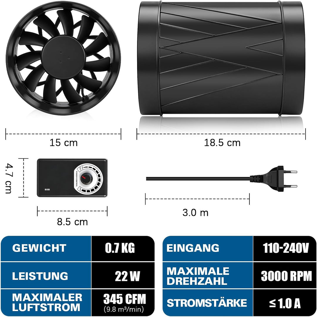 Regelbar Rohrventilator 150mm, 588 m³/h Inline Abluftventilator mit Drehzahlregler, EC Motor, EU-Ste