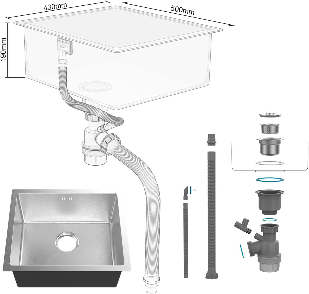 Ibergrif Spüle Küchenspülen für den Unterbau und Aufsatz, 50-43cm Unterbaubecken, Spülbecken Edelsta