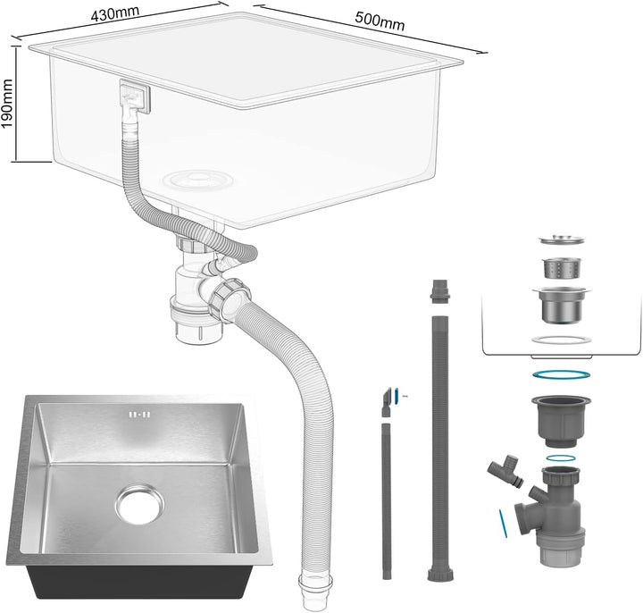 Ibergrif Spüle Küchenspülen für den Unterbau und Aufsatz, 50-43cm Unterbaubecken, Spülbecken Edelsta
