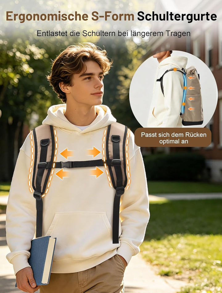 Rucksack Damen & Herren, 24-30L Rolltop Rucksack Laptoprucksack mit 17 Zoll Laptopfach & USB Anschlu
