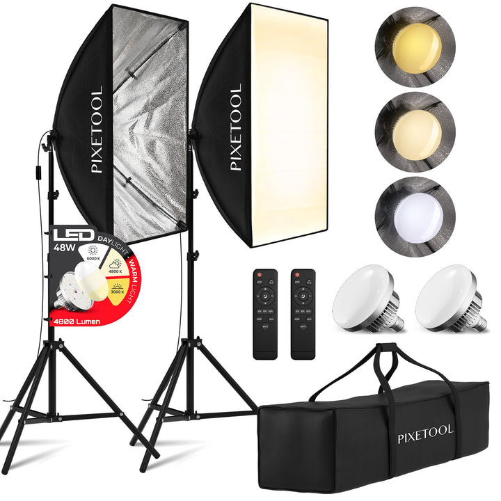 Fotostudio Set – 2 Softbox Licht, 2 Durchlichtschirm, 2 LED Lampen 4800 Lumen 3000-6000K – 50x70 cm