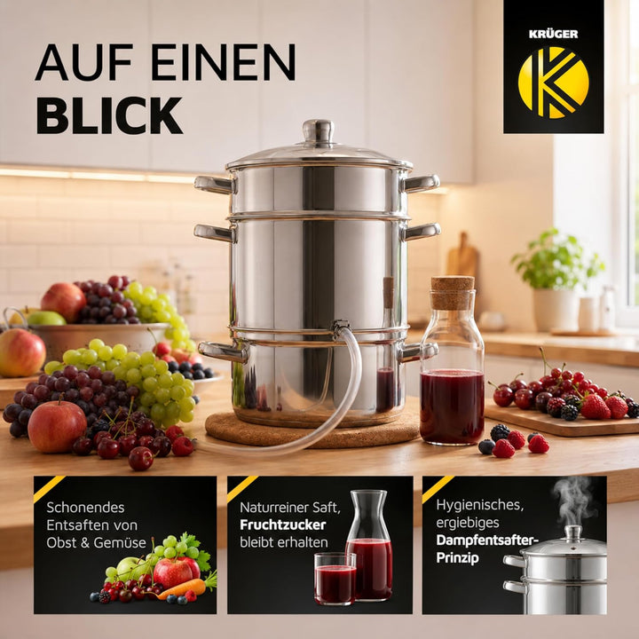 Krüger Edelstahl-Frucht-Entsafter 26cm - schonendes Entsaften von Obst und Gemüse - nach Dampfentsaf