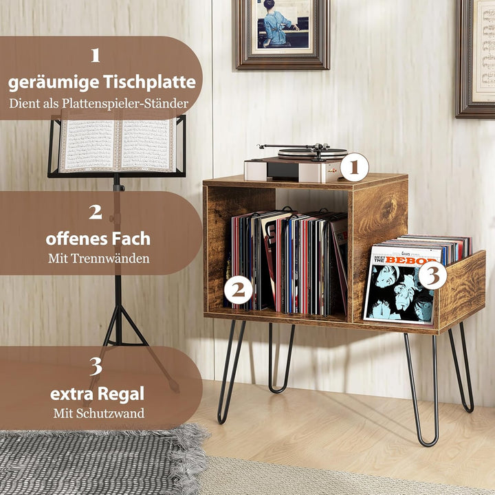 COSTWAY Beistelltisch mit Ladestation, Plattenspielerständer mit Trennwänden & Seitenregal, Nachttis