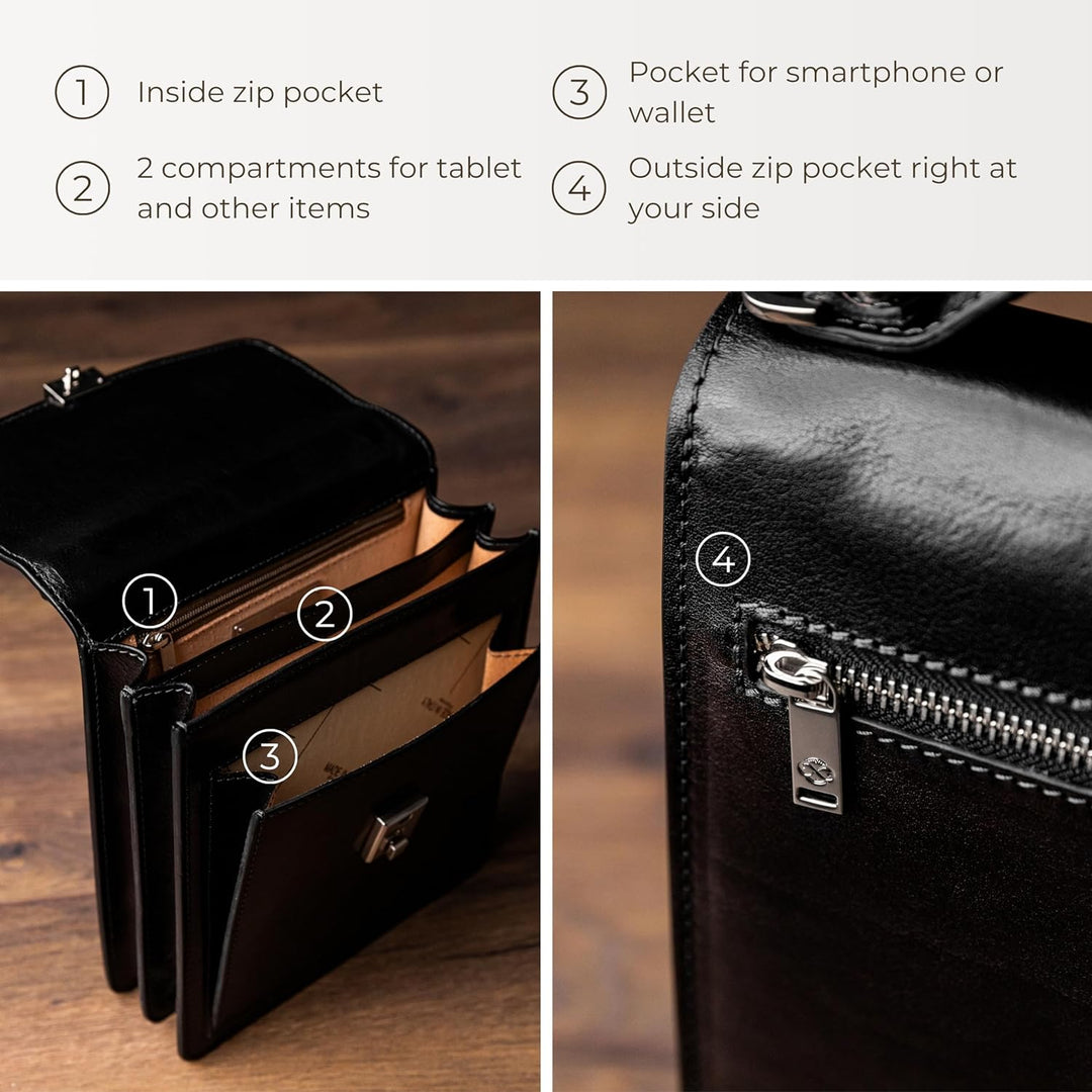 Time Resistance Leder Aktentasche - Leder Tasche Handgefertigt in Italien - Arbeitstasche mit Schult