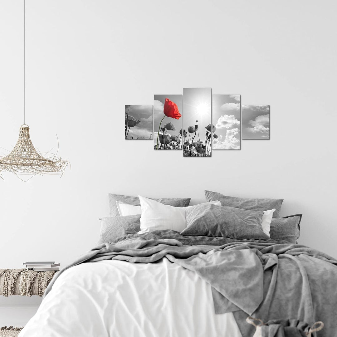 Runa Art Wandbilder Blumen Mohnblume 5 Teilig Bild auf Vlies Leinwand Deko Wohnzimmer Natur Grau Rot
