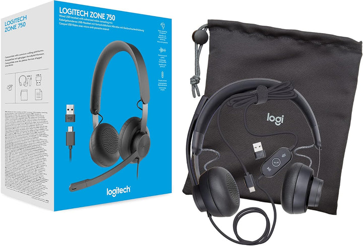 Logitech Zone 750 Kabelgebundenes On-Ear-Headset mit Noise-Cancelling-Mikrofon, USB-C und USB-A-Adap